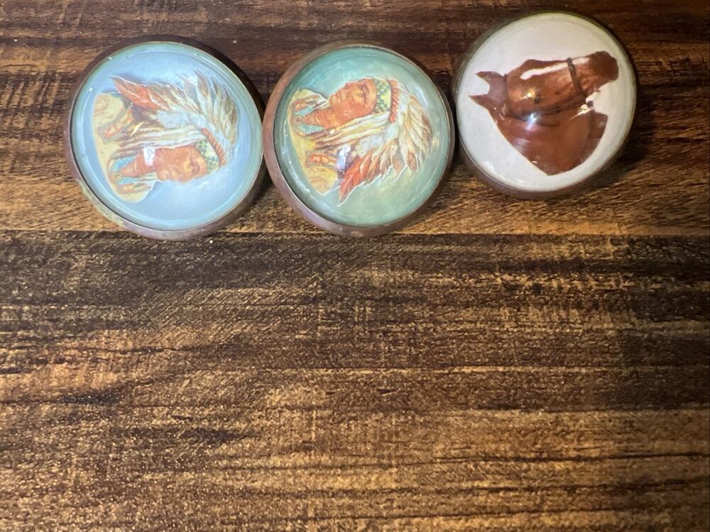 Vintage 2 glass domed rosettes Full dress Indian chief & 1 horse